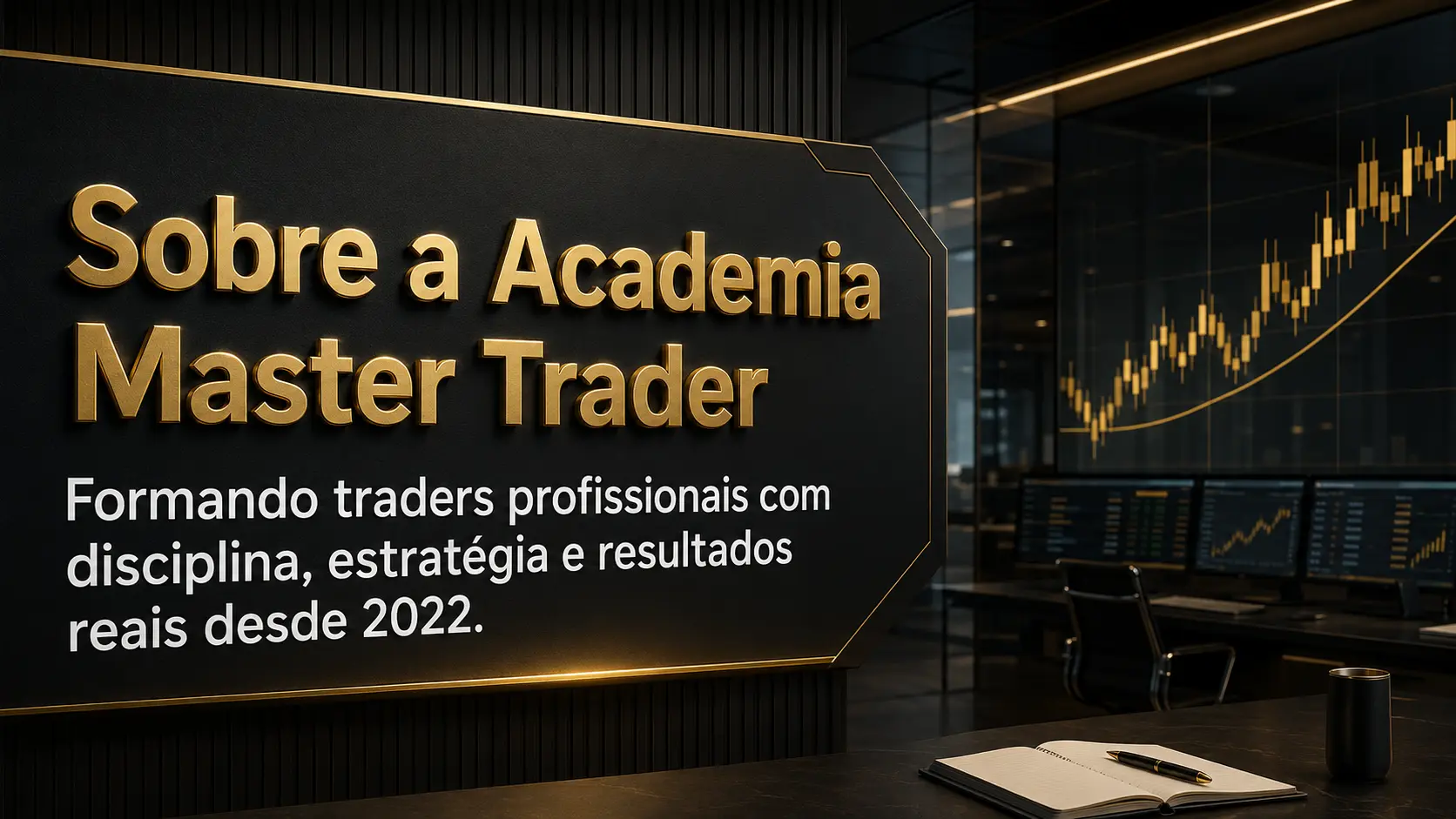 Ambiente profissional da Academia Master Trader com gráficos de mercado