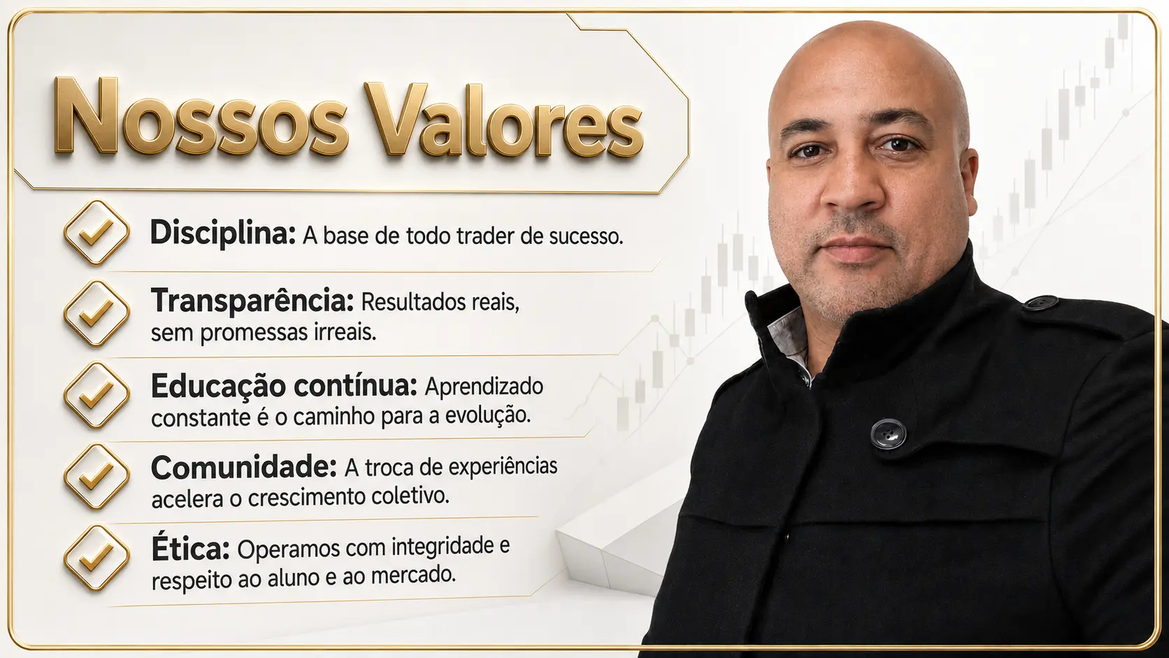 Valores da Academia Master Trader apresentados ao lado de seu fundador