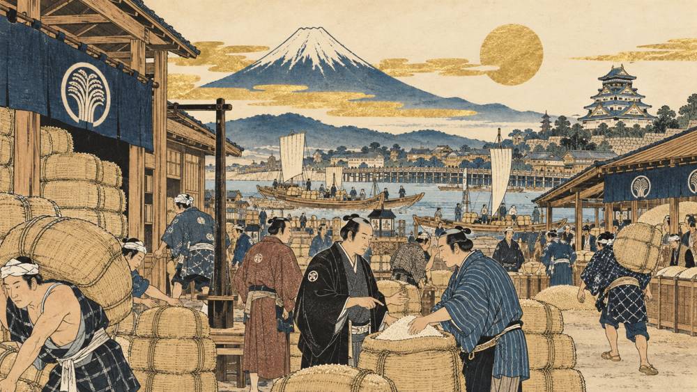 Mercado de arroz no Japão antigo
