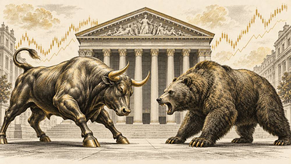 Touro e urso diante de uma bolsa de valores antiga